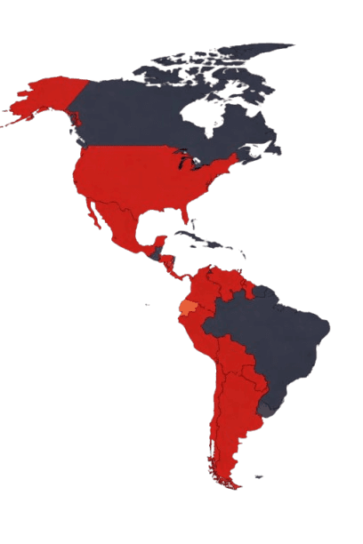 Stylized map of the Americas and Spain showing the countries where we have worked